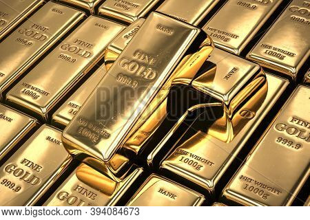 Gold bars or ingots in a row. Financial  and investment concept. 3d illustration