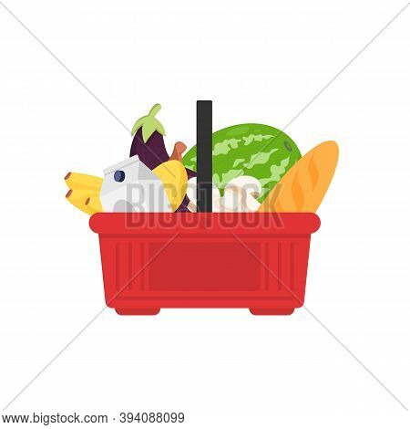 Plastic Grocery Cart With Handles Full Of Products, Vector Flat Illustration. Shopping Basket With F