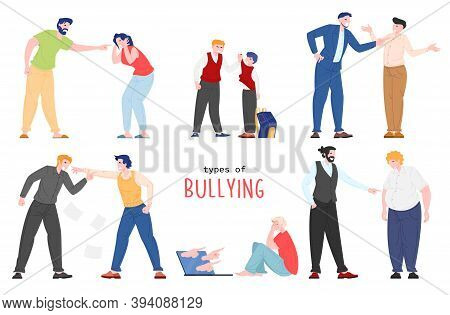 Vector Illustration Of People Suffering From Bullying. Flat Cartoon Characters Victims Being Bullied