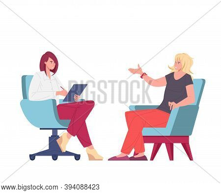 Female Patient And Psychologist, Psychoanalyst Or Psychotherapist Sitting In Armchairs In Front Of E
