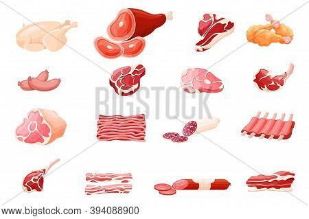 Meat Products Flat Vector Illustrations Set. Butcher Shop Fresh Assortment. Gammon, Beef Steak Isola