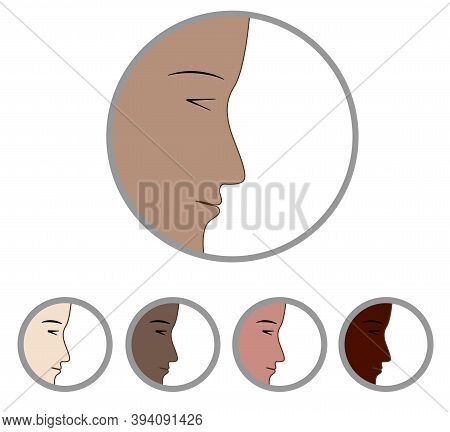 Human's Faces From The Side Of Different Skin Colors. Set Of Vector Icons. Can Be Used For Profile, 