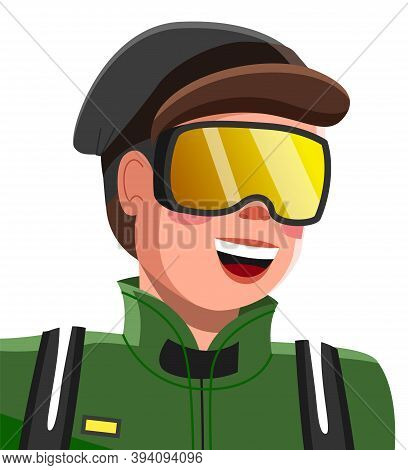 Young Happy Man In Winter Outwear Ski Mask On His Face On White Background Vector. Male Character Do