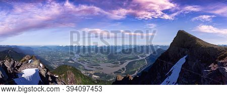 Panoramic View Of Fraser Valley From Top Of Mountain, Cheam Peak. Colorful Morning Sunrise Sky. Take