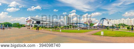 Minsk, Belarus, July 26, 2020: Panorama Of Minsk City With Square Near Minsk Sports Palace Building 