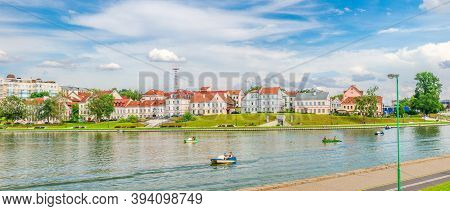 Minsk, Belarus, July 26, 2020: Panoramic View Of Nemiga With Traeckaje Suburb With Old Buildings In 