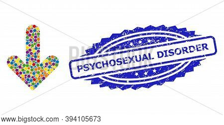 Rounded Dot Mosaic Down Direction And Psychosexual Disorder Scratched Stamp Seal. Blue Stamp Contain