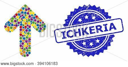 Round Dot Mosaic Up Direction And Ichkeria Unclean Seal. Blue Seal Includes Ichkeria Text Inside Ros