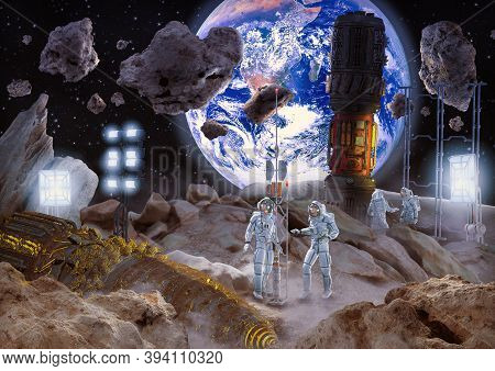 Concept Of Asteroid Mining In Space For Rare Raw Materials , 3d Render.