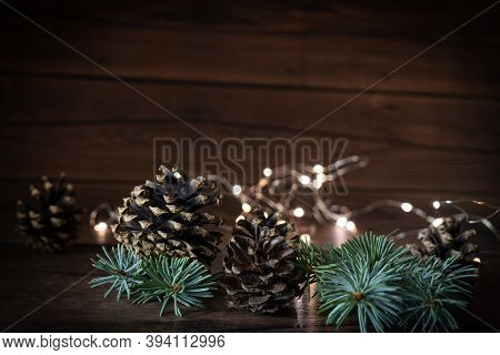 2021 New Year's Eve Bokeh, Pine Cones Composition With Text Mock-up Evening Dark Flashlights, Christ