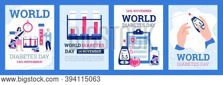 Set Of Banners Or Cards For World Diabetes Day, Cartoon Flat Vector Illustration. Posters For Diabet