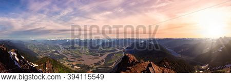 Panoramic View Of Fraser Valley From Top Of Mountain, Cheam Peak. Colorful Morning Sunrise Sky. Take