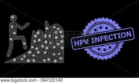 Glowing Mesh Climbing Person With Glowing Spots, And Hpv Infection Dirty Ribbon Stamp Seal. Blue Sea