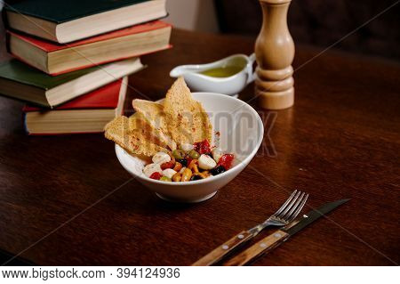 Appetizer With Pickled Mushrooms, Olives, Parmesan On Wooden Background