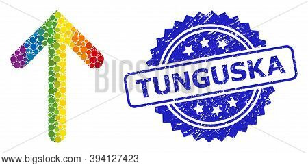 Spectrum Gradient Colored Rounded Dot Collage Up Arrow, And Tunguska Grunge Rosette Stamp Seal. Blue