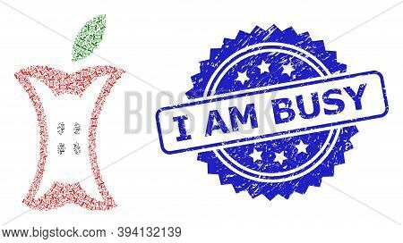 Vector Fractal Mosaic Apple Stump, And I Am Busy Scratched Stamp Seal. Blue Seal Includes I Am Busy 