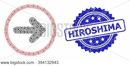 Vector Recursion Mosaic Right Pointer, And Hiroshima Grunge Seal Imitation. Blue Stamp Seal Has Hiro