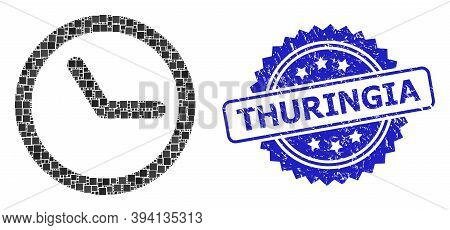 Square Dot Collage Clock And Thuringia Grunge Stamp Seal. Blue Stamp Seal Includes Thuringia Caption
