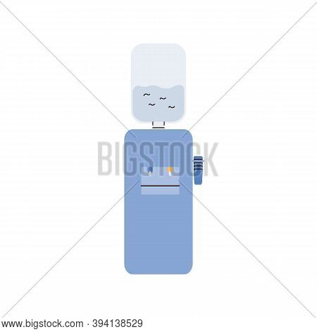 Blue Water Cooler With Half Full Gallon Bottle And Plastic Cups. Vector Illustration Of Hot And Cold