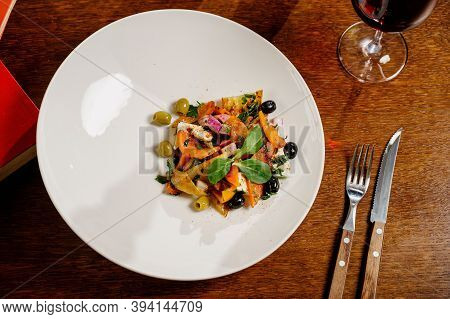 Salad Baked Eggplant And Fresh Tomatoes. Top View.vegetable Salad, Healthy Food
