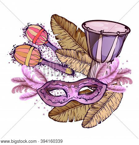 Ethnic Drum, Tomtoms And Exotic Leaves. Color Sketch Drawing, Isolated Object On A White Background