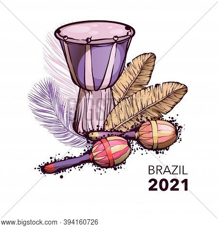 Ethnic Drum, Tomtoms And Exotic Leaves. Color Sketch Drawing, Isolated Object On A White Background