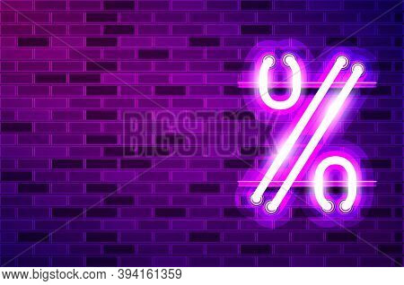 Big Percent Glowing Neon Lamp Sign. Realistic Vector Illustration. Empty Purple Brick Wall, Violet G