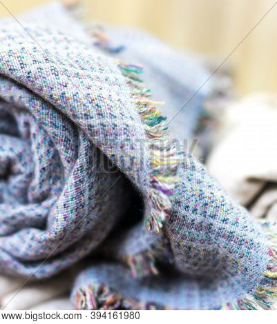 Knitting Cashmere Wool Yarn, Closeup Blue Blanket, Home Decor, Blue Tabby Cashmere Blanket Rolled Up