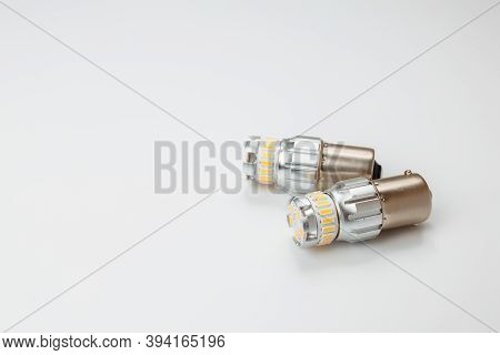 Car 12v Led Bulbs For Headlight. Isolate On White Background