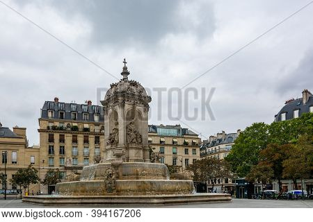 Paris, France - August 29, 2019 : The Fountain Of The Saint-sulpice Square. Saint-sulpice Is A Roman