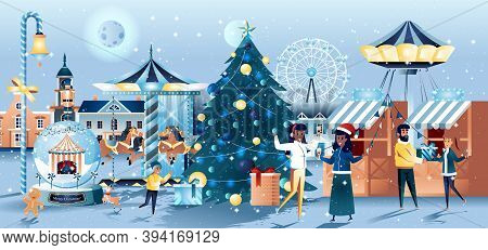 Christmas Fair Flat Greeting Card. Happy People Celebrating In Amusement Park With Carousels And Sho