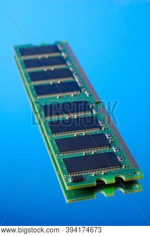 SDRAM DDR computer memory stick on blue background