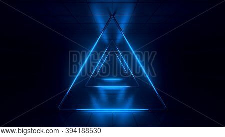 Abstract Blue Futuristic Background. Space From Glowing Neon Light Tubes Of Astera On A Black Backgr