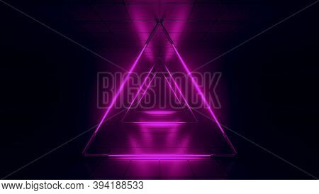 Abstract Pink Futuristic Background. Space From Glowing Neon Light Tubes Of Astera On A Black Backgr