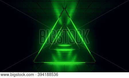 Abstract Green Futuristic Background. Space From Glowing Neon Light Tubes Of Astera On A Black Backg