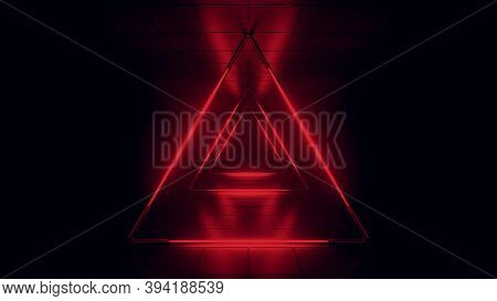 Abstract Red Futuristic Background. Space From Glowing Neon Light Tubes Of Astera On A Black Backgro