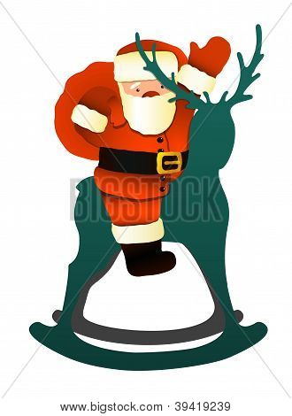 Santa auf Spielzeug Schaukeln Rentier sitzt.