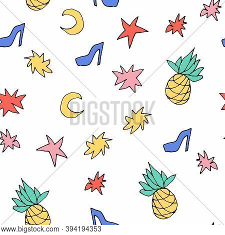 80 S Hand Drawn Cute Elements. Pineapple, Shoe, Star, Moon, In Boho Style