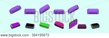 Set Of Harmonica. Modern Cartoon Icon Design Template With Various Models. Vector Illustration Isola