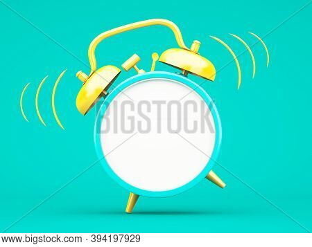 3d Rendering Blue Alarm Clock On Blue Background
