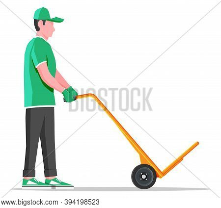 Courier With Empty Barrow Isolated On White. Metallic Two Wheeled Trolley And Delivery Man. Hand Tru