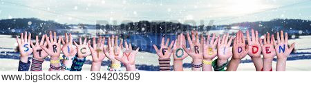 Children Hands Building Word Strictly Forbidden, Snowy Winter Background