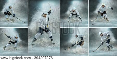 Caucassian ice hockey Players in dynamic action in a professional sport game play on the laptop in hockey under stadium lights.