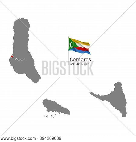 Silhouette Of Comoros Country Map. Gray Detailed Editable Map With Waving National Flag And Moroni C