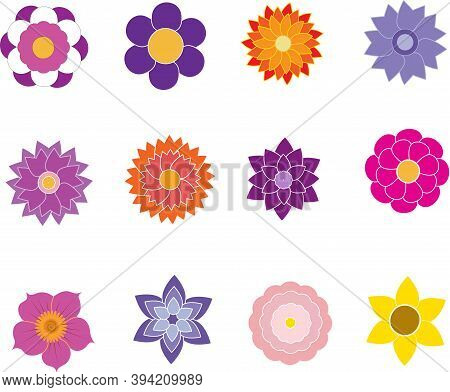 Set Of Flat Flower Icons Can Be Used For Stickers, Labels, Gift Wrapping And More. Cute Retro Design