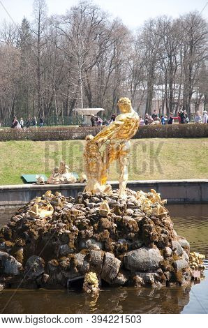 Russia, St. Petersburg 31.04.2019  Gold Plated Sculptures By Fountains Grand Cascade In Pertergof, S