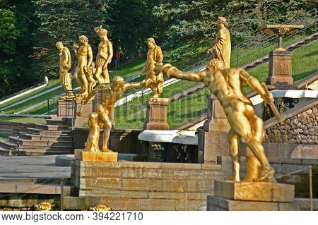 Gold Plated Sculptures By Fountains Grand Cascade In Pertergof, Saint-petersburg, Russia