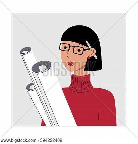 Young Woman In Glasses With Paper In Hands And Pencil Behind Ear. Creative Profession Concept Design