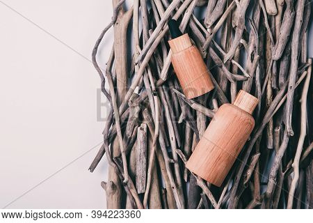 Top View Of Wooden Bottles Containers Blank Mockup For Skincare Beauty Cosmetic Products For Body Or