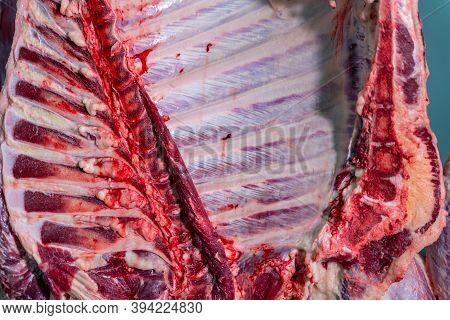 Close Up Rib Meats Hanging In The Slaughterhouse, Meat Industry.
